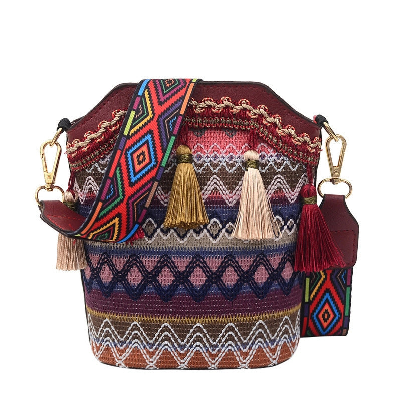 Women’s Small All Seasons Pu Leather Nylon Stripe Ethnic Style Tassel Bucket Zipper Shoulder Bag