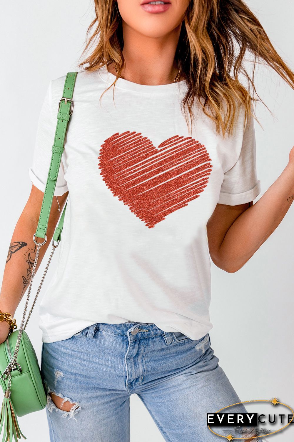 White Heart Shape Glitter Patter Print Short Sleeve T Shirt