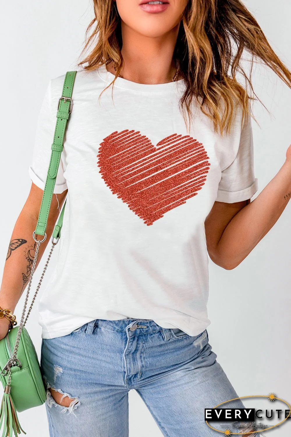White Heart Shape Glitter Patter Print Short Sleeve T Shirt