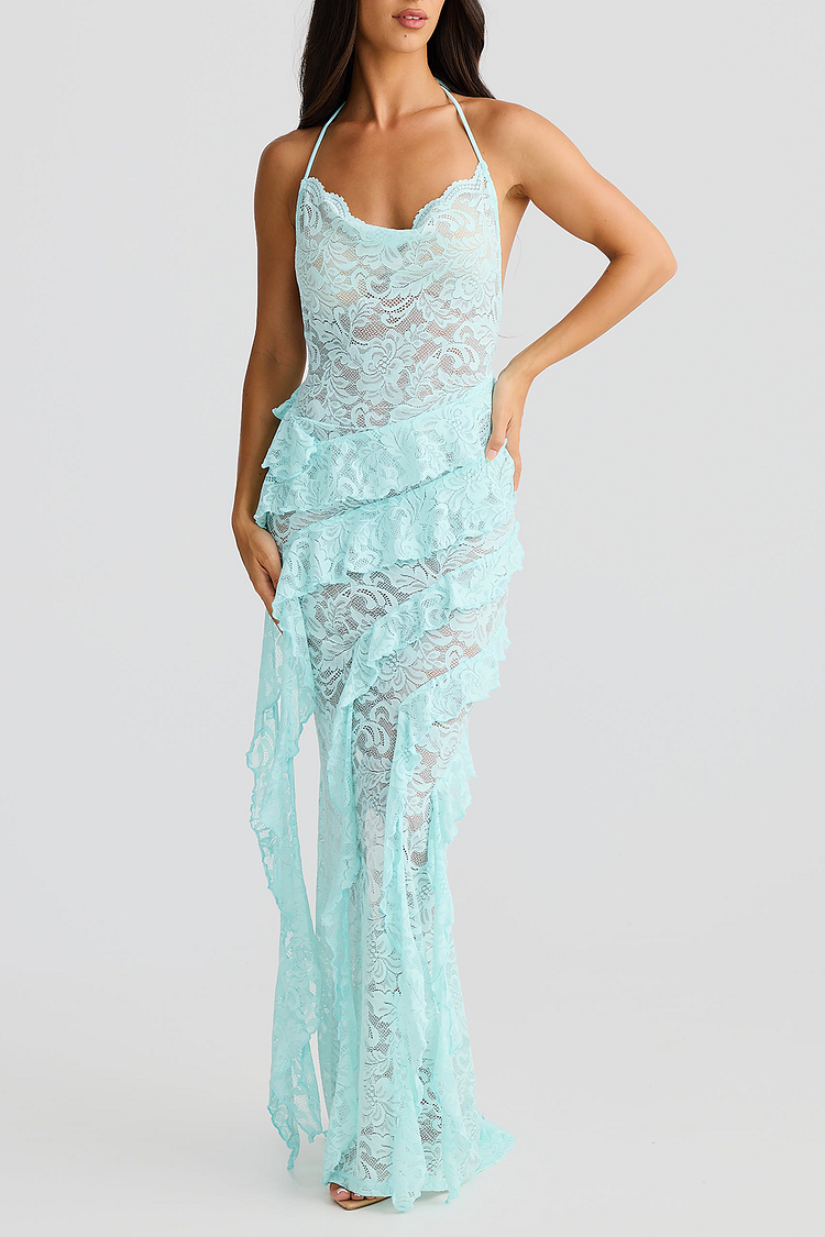 Floral Lace Ruffled Streamer Halter Open Back Maxi Dresses-Blue [Pre Order]