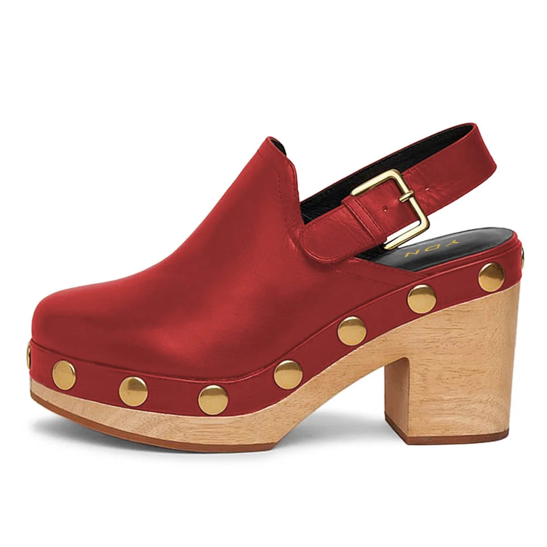 Vegan Leather Round Toe Slingback Red Platform Heels with Studs