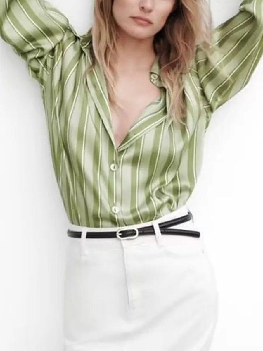 Turndown Collar Long Sleeve Striped Loose Blouses