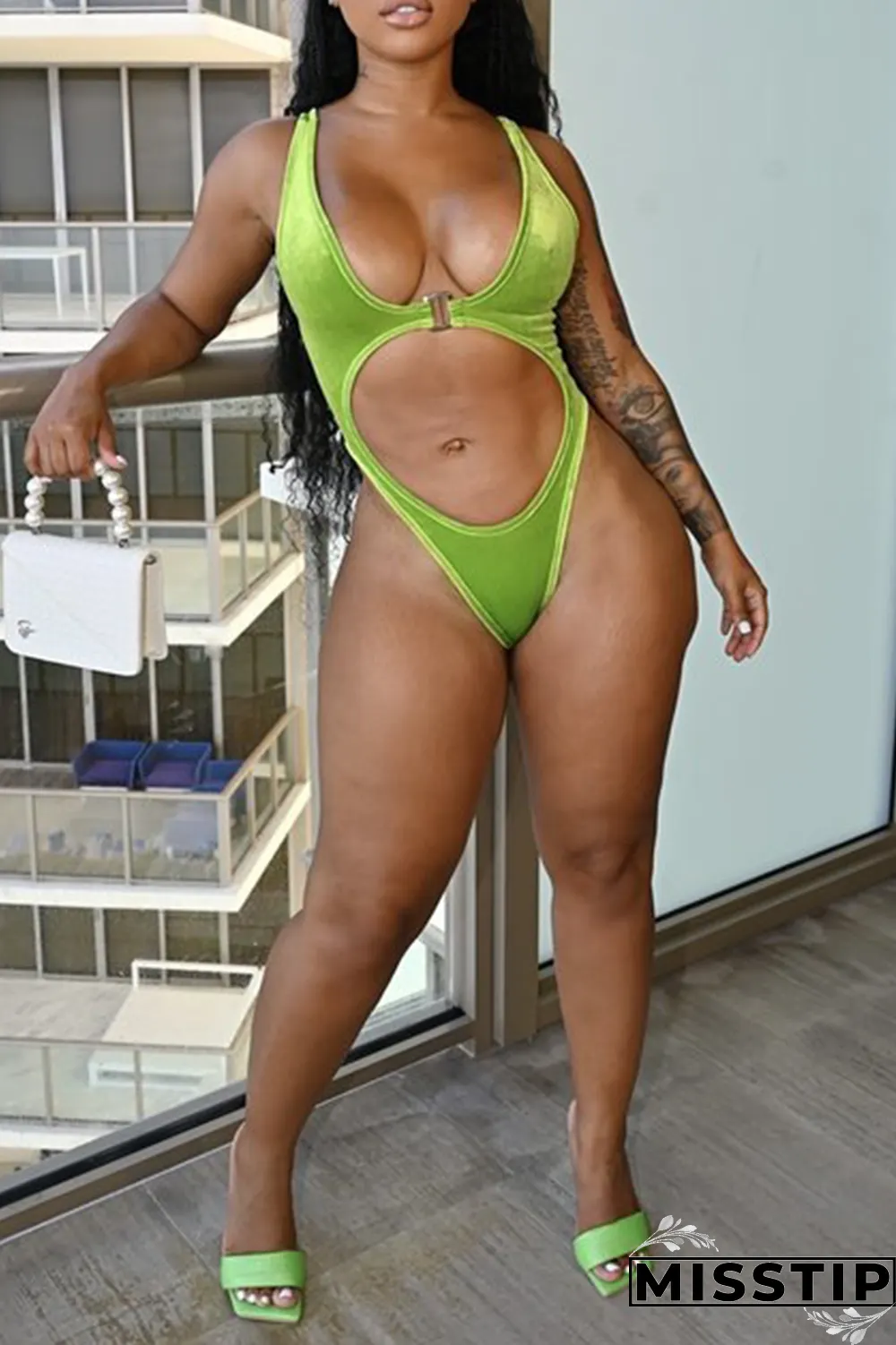 Green Sexy Solid Hollowed Out U Neck Sleeveless Two Pieces