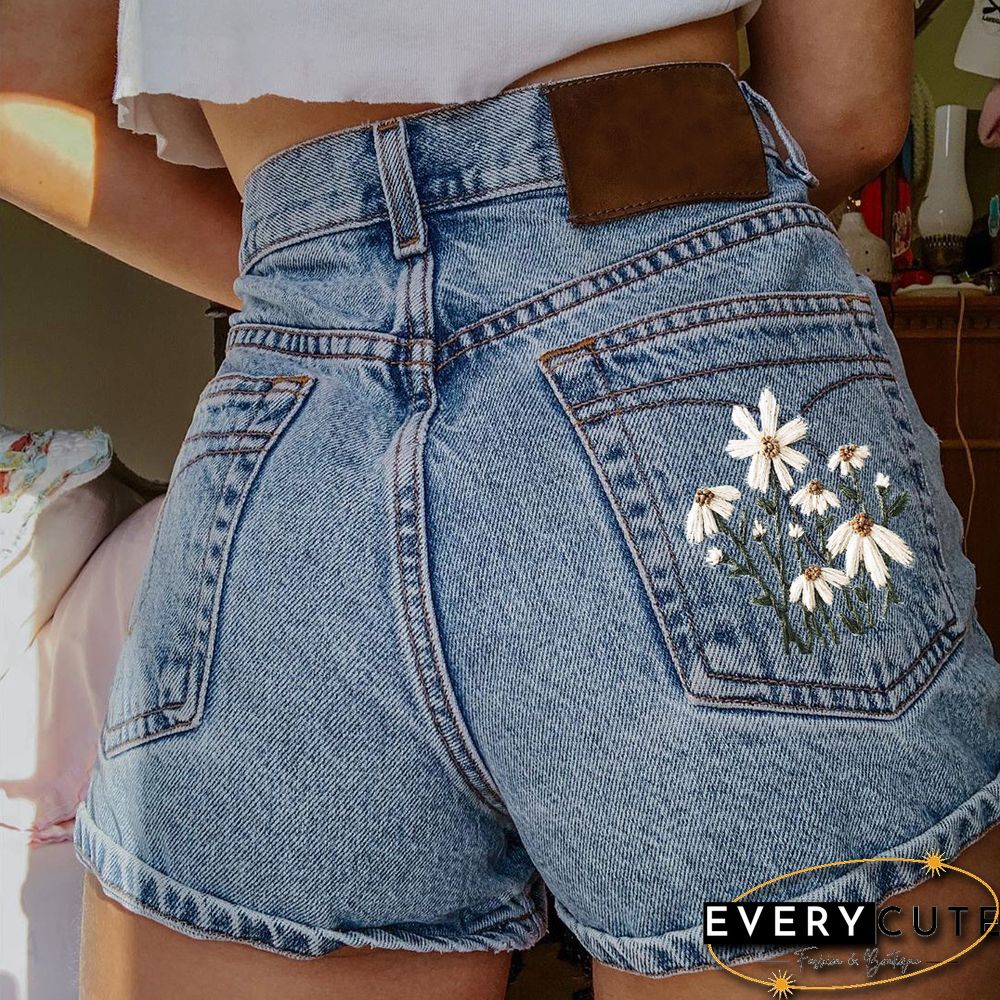 Fashion Casual Floral Printing Denim Shorts