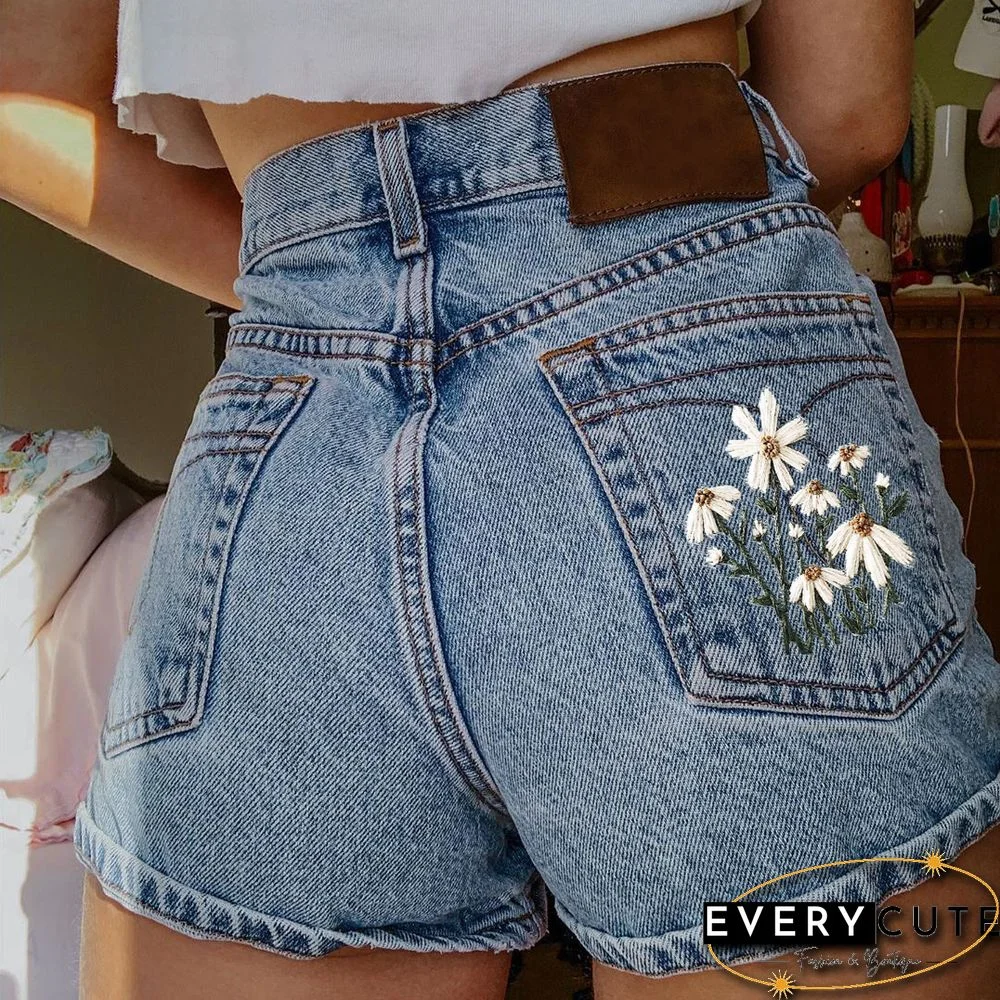 Fashion Casual Floral Printing Denim Shorts