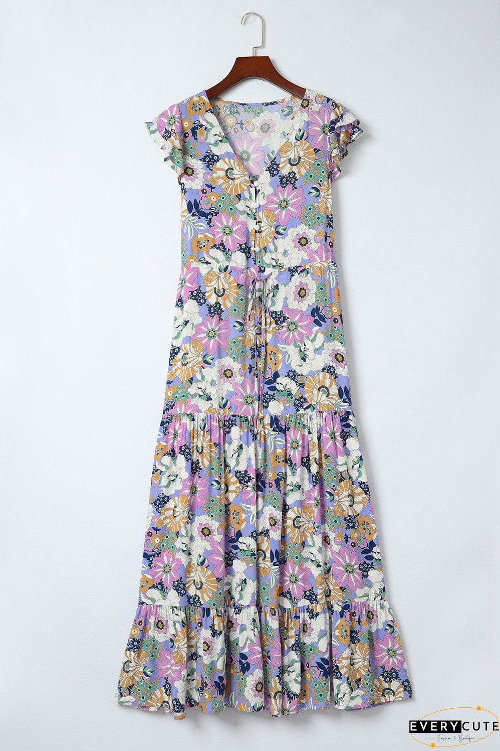 Purple Maxi Bohemian Floral Dress with Layered Ruffle Sleeves