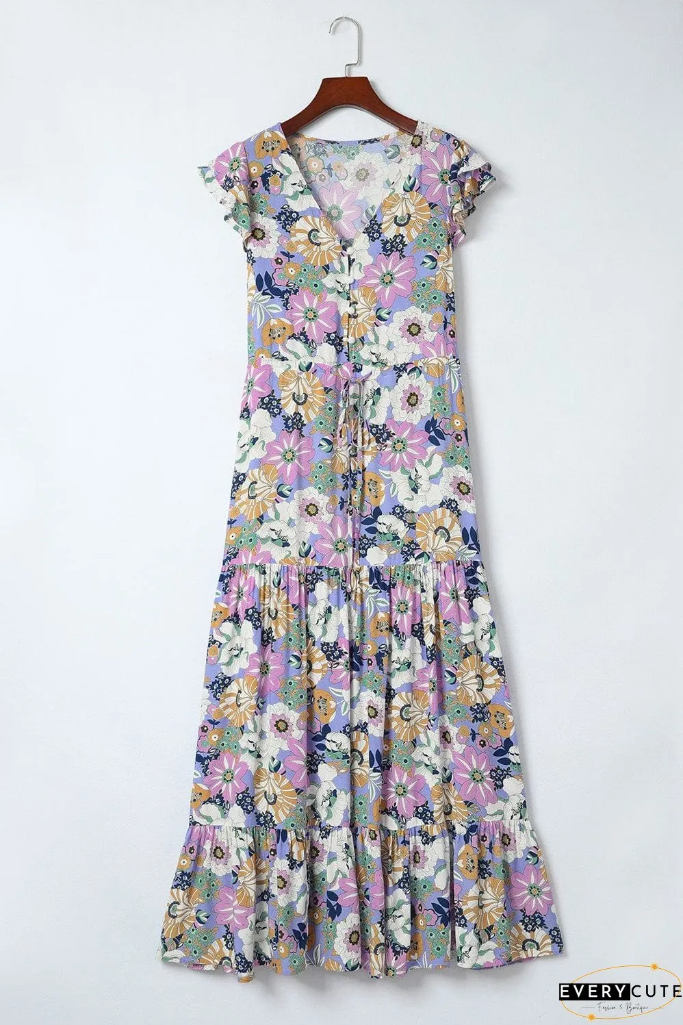 Purple Maxi Bohemian Floral Dress with Layered Ruffle Sleeves