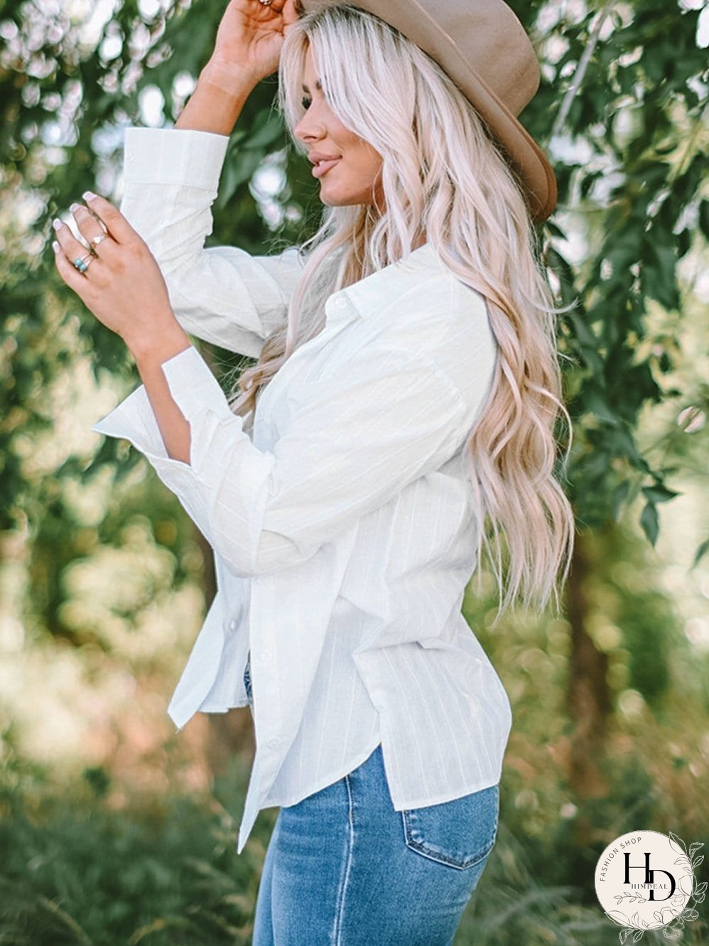 Simple Solid Lapel Button Long Sleeve Blouses