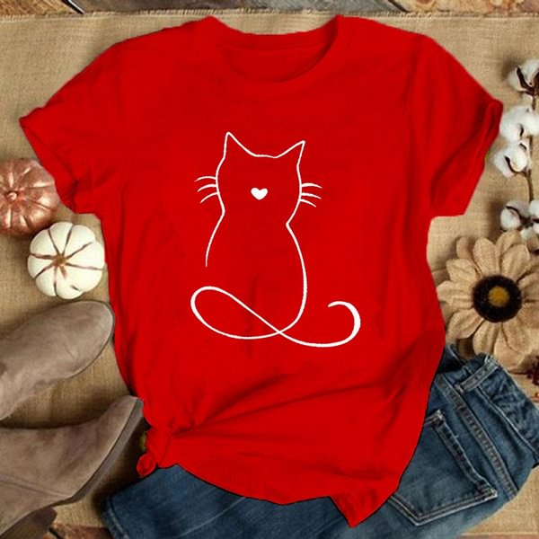 Women Graphic Cat Lovely Animal Fashion Short Sleeve Spring Summer Cartoon Print Female Clothes Tops Tees Tshirt T-Shirt - Shop Trendy Women's Clothing | LoverChic
