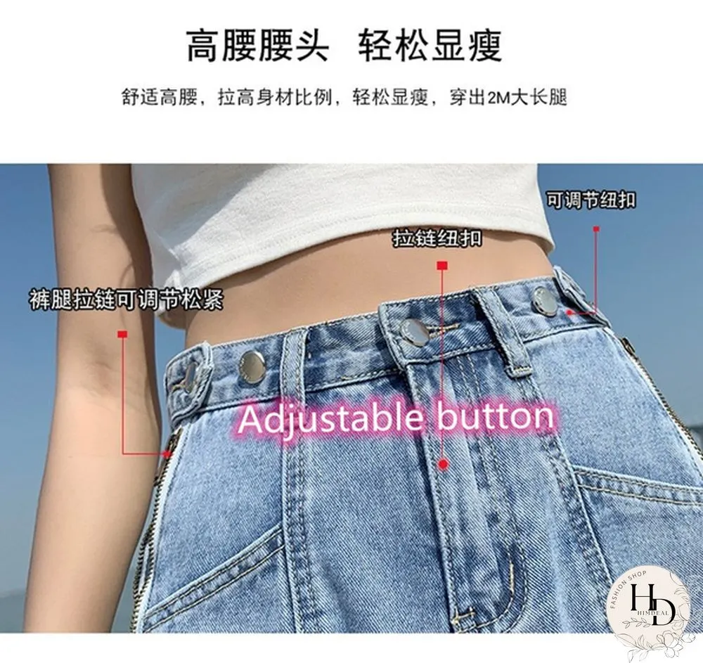 Women's Denim Shorts zipper slit stretch adjustable summer relaxed NEW