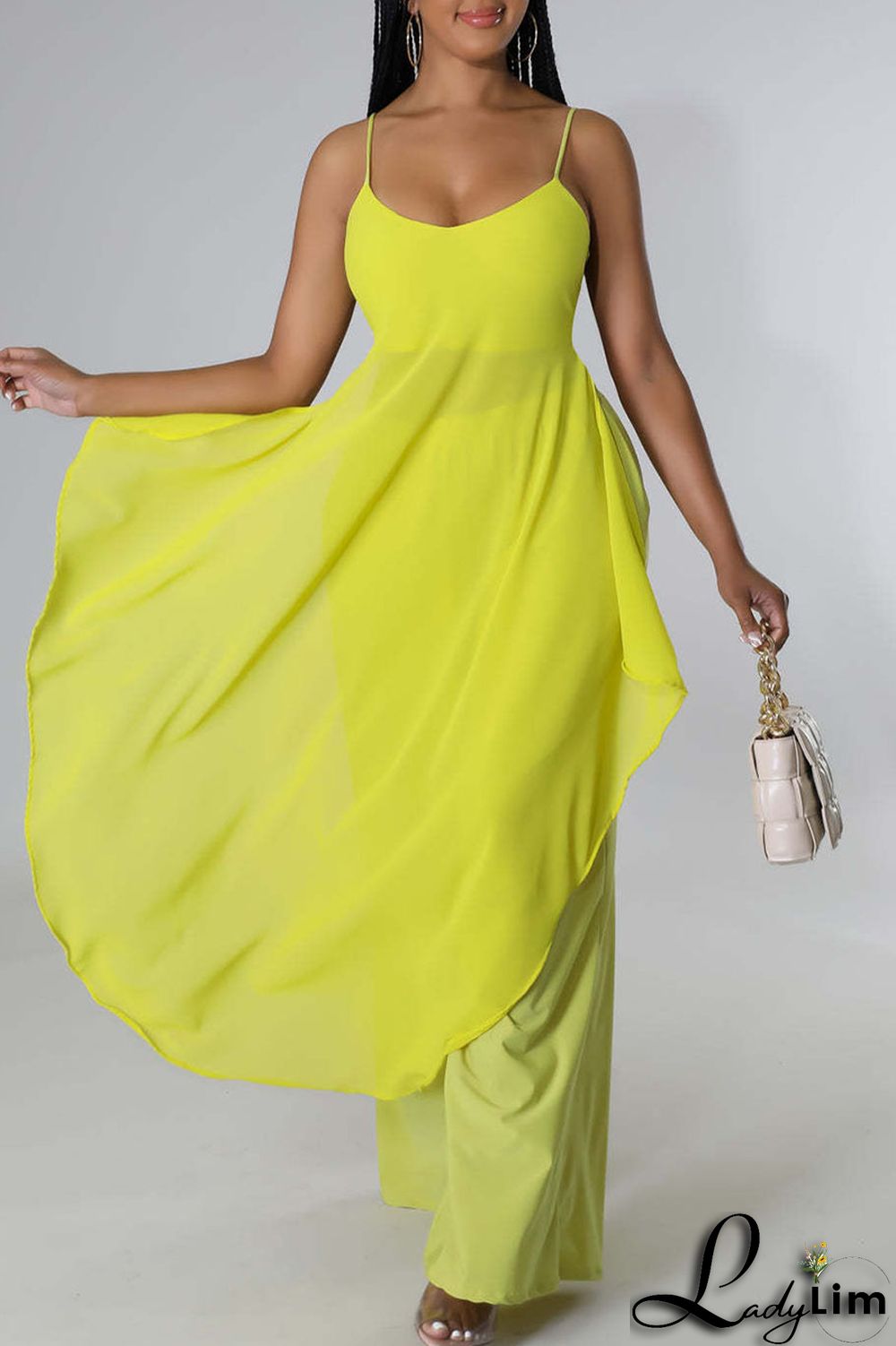 Tangerine Casual Solid Split Joint Asymmetrical Spaghetti Strap Sleeveless Two Pieces