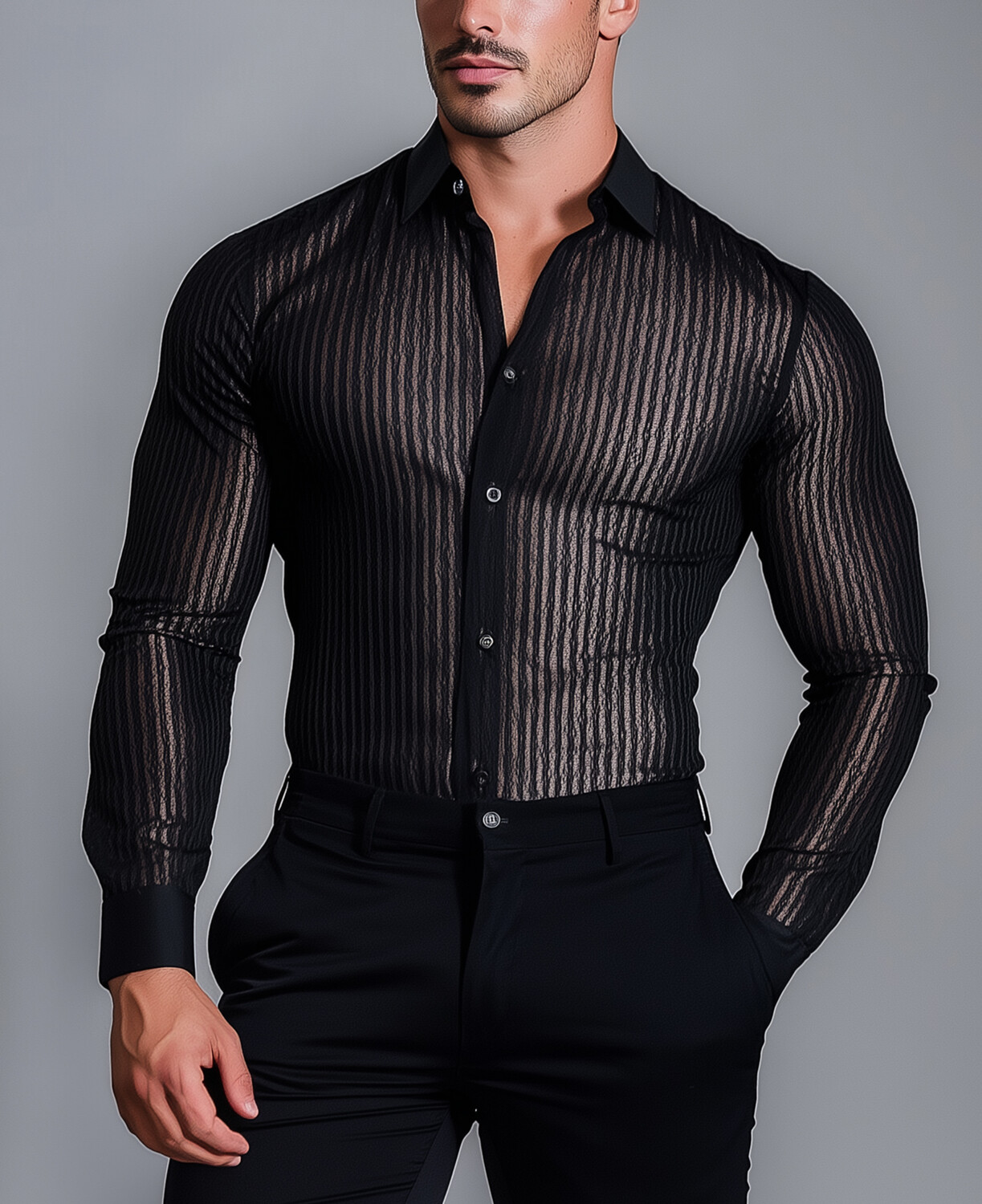 Okaywear See-Through Lace Striped Single Breasted Long Sleeve Shirt