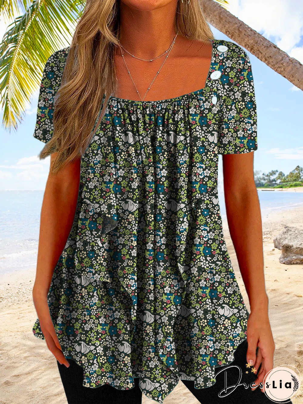 Plus size Floral Casual Square Neck Short Sleeve T-Shirt