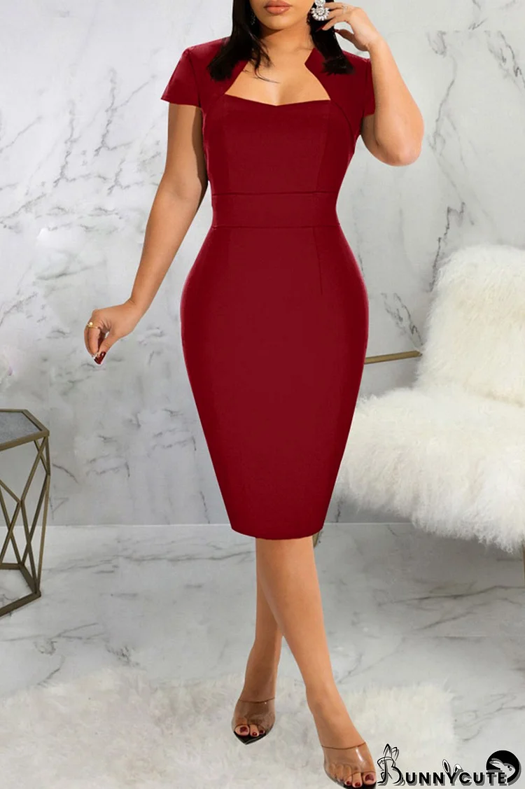 Burgundy Fashion Casual Solid Basic Short Sleeve Dress