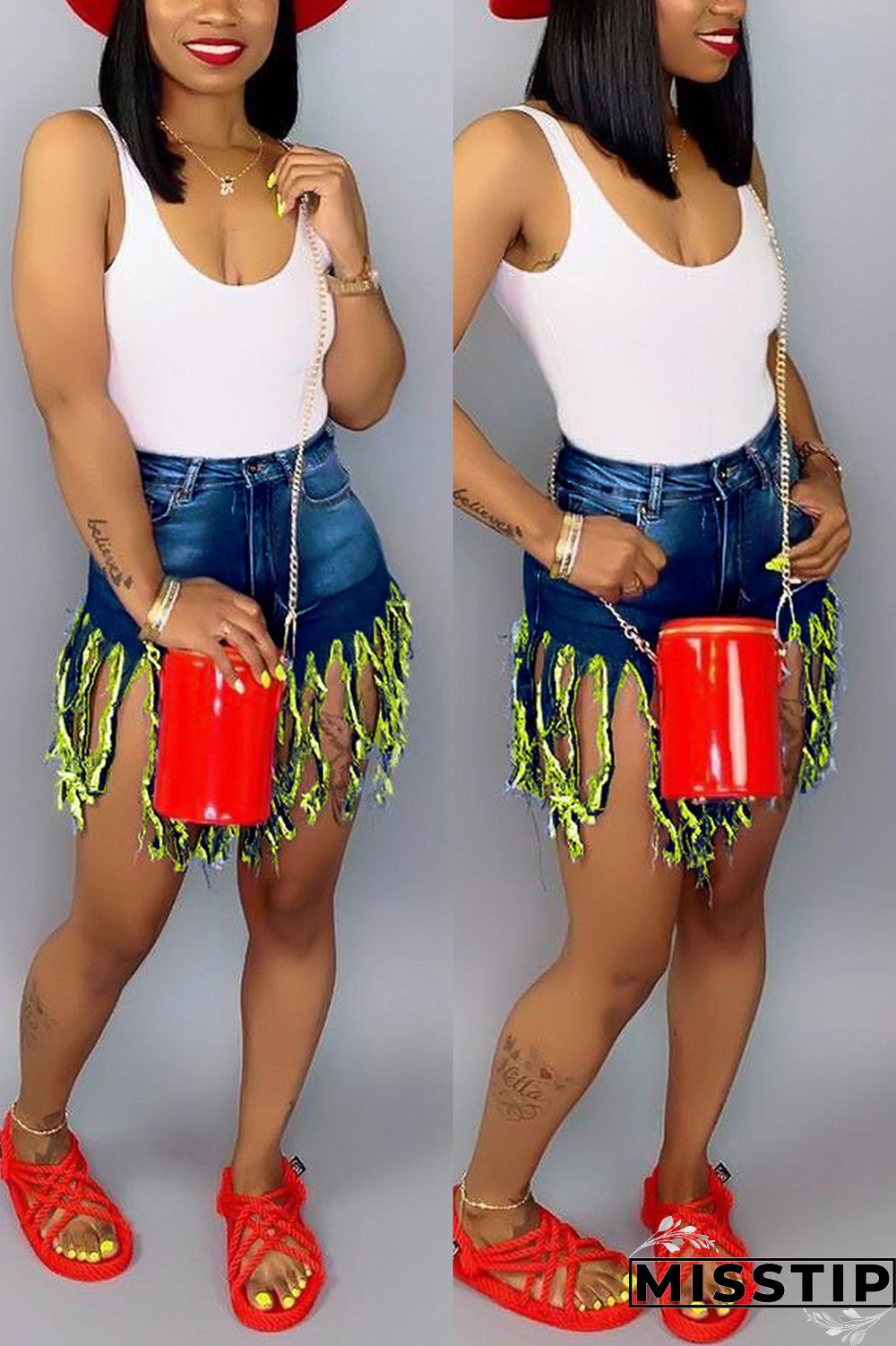 Green Red Green Yellow Royal blue Tassel Design Denim