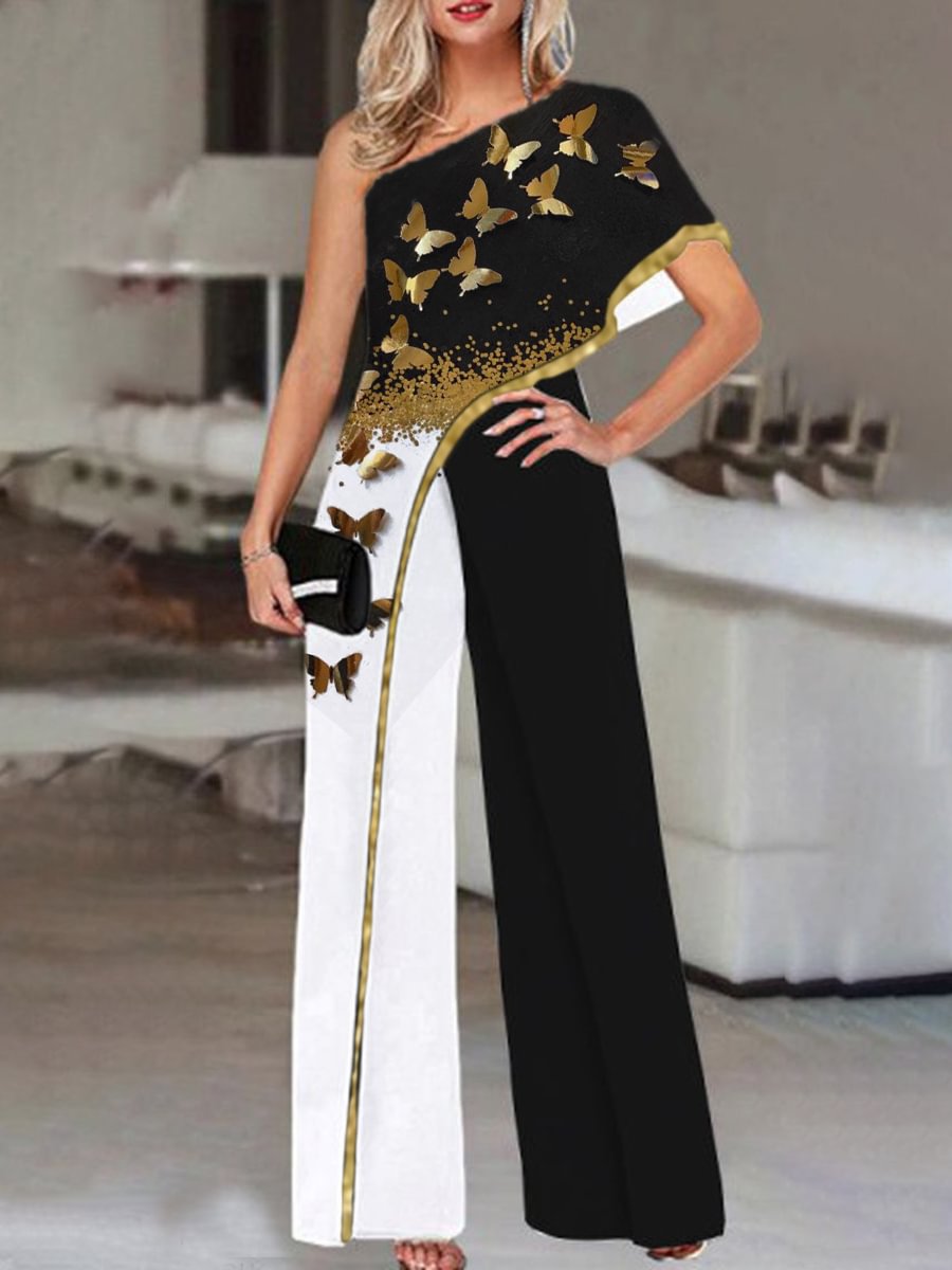 Fashion Butterfly Print One Shoulder Jumpsuit Women