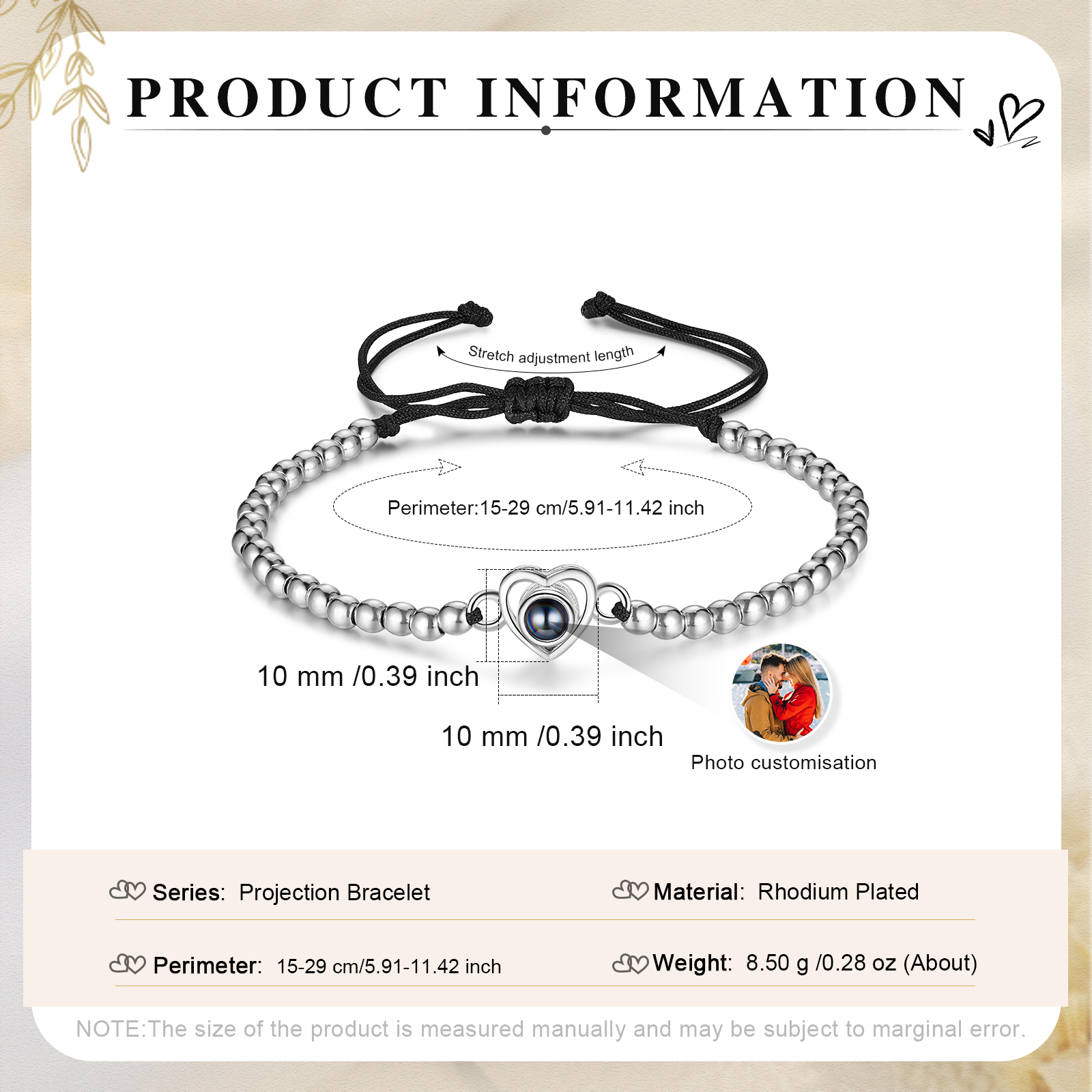 Personalised Heart Projection Bracelet Customised 1 Photo Adjustable Bracelet Beads Bracelet Special Gift For Her-Jessemade AU