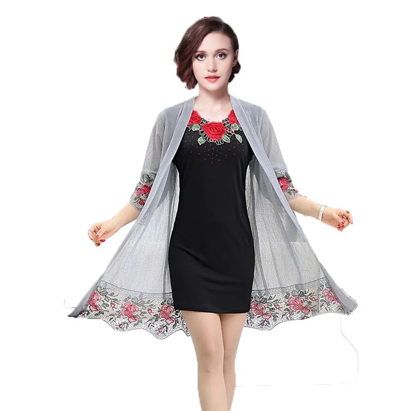 Set 2 Pieces Women Dress 2019 Summer Floral Embroidery Lady Dress Tunics Vestidos Robe Femme Red Black Gray XL~3XL 4XL Plus Size