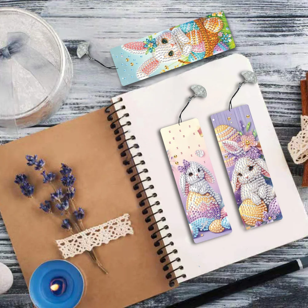 5D DIY 3Pcs Easter Rabbit Special Shape Diamond Painting Bookmark Making Kit