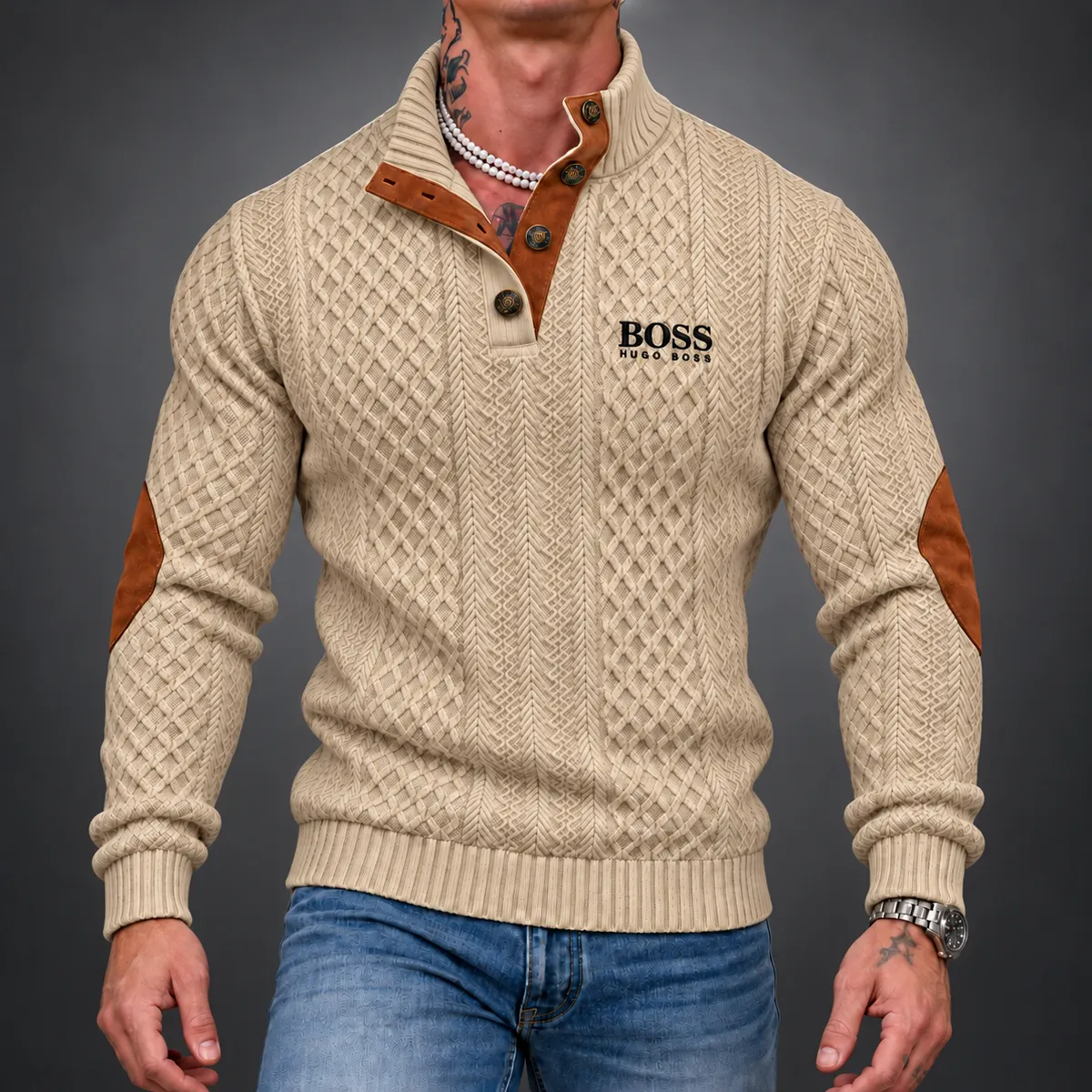 Beige button-neck sweater with brown contrast detailing