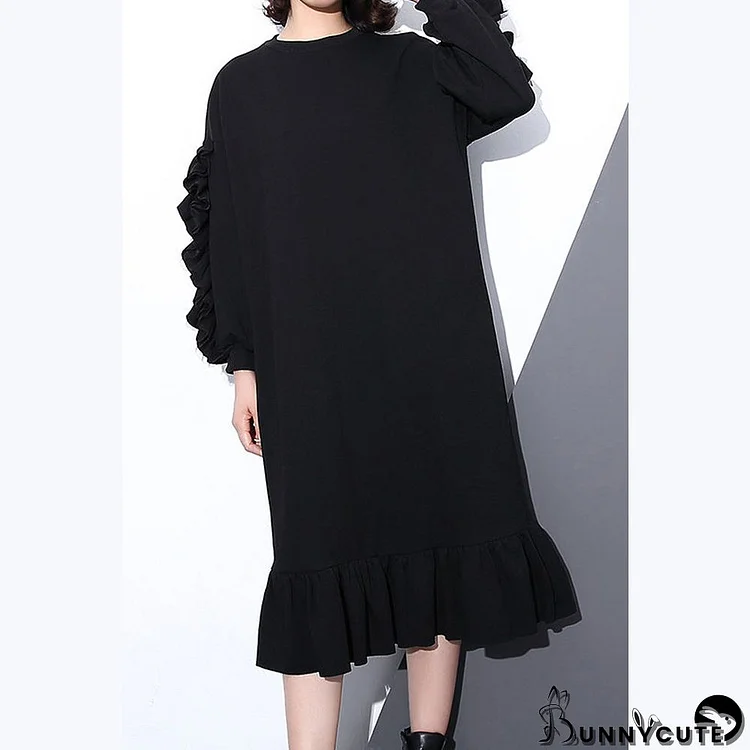 boutique black autumn cotton dress trendy plus size O neck cotton clothing dress long sleeve Cinched maxi dresses