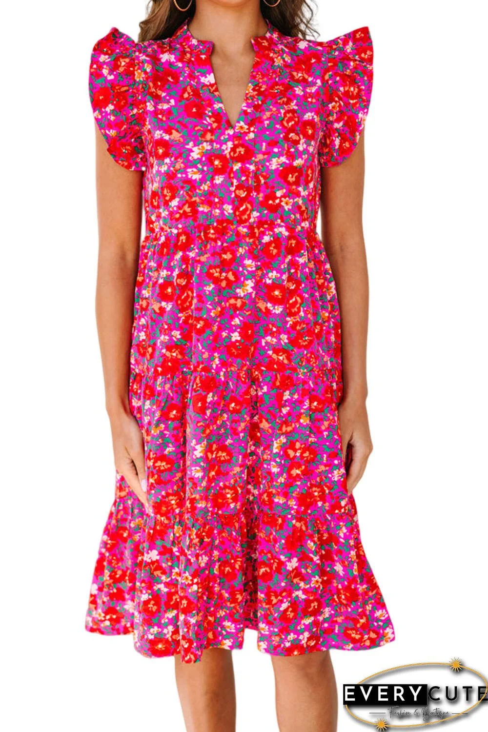 Red Boho Floral Flutter Sleeve Tiered Ruffled Dress