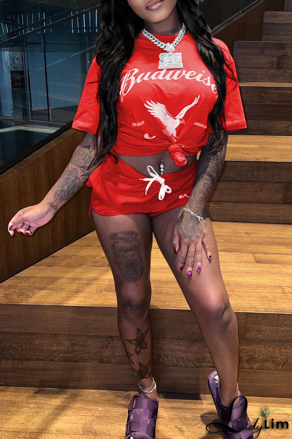 Red Fashion Print Split Joint O Neck Short Sleeve Two Pieces