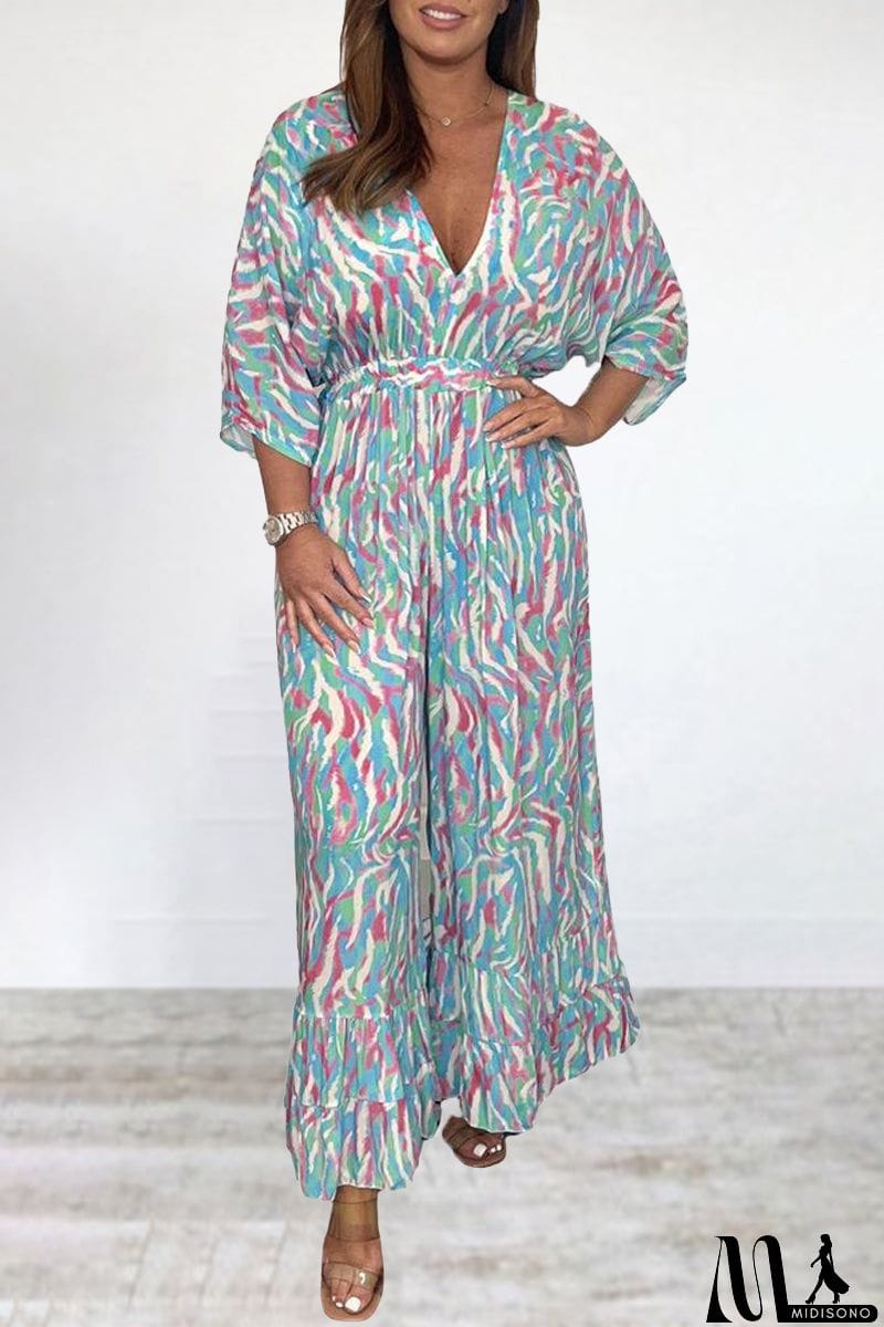 MidiSono - Bohemian College Print Backless V Neck Loose Jumpsuits