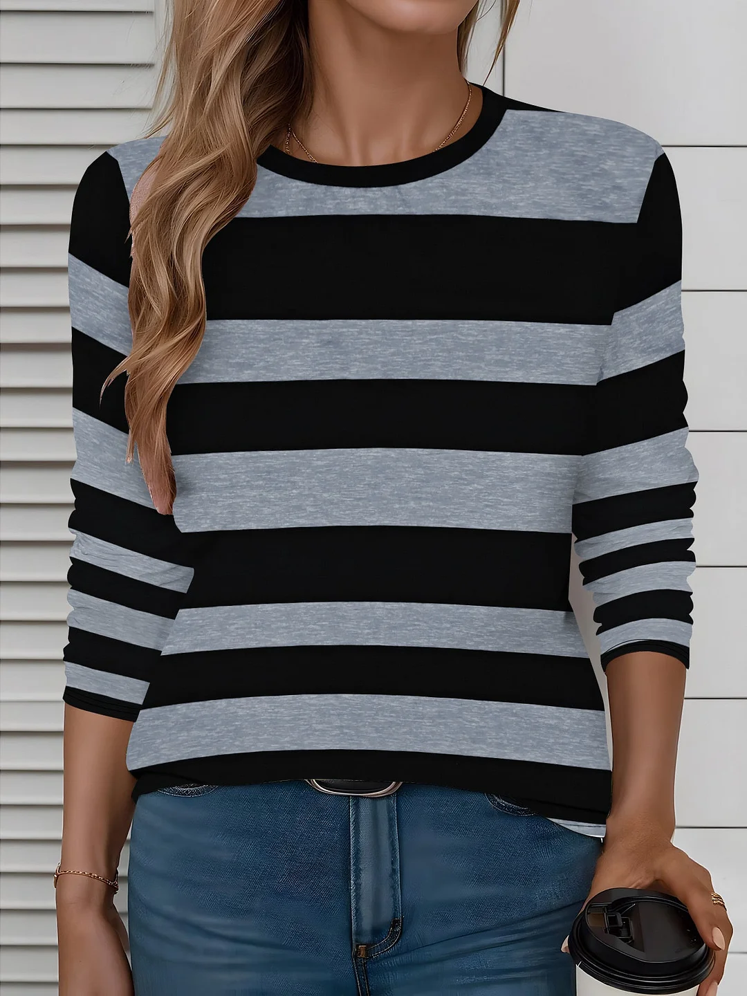 Women's Long Sleeve Scoop Neck Striped Printed Graphic Tops