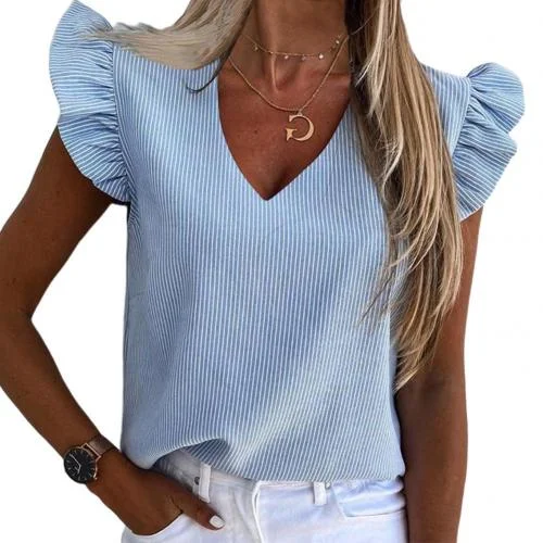 Office Lady T-shirt Women Summer V Neck Stripes Short Ruffled Sleeve Casual T-shirt Top Women's Clothing