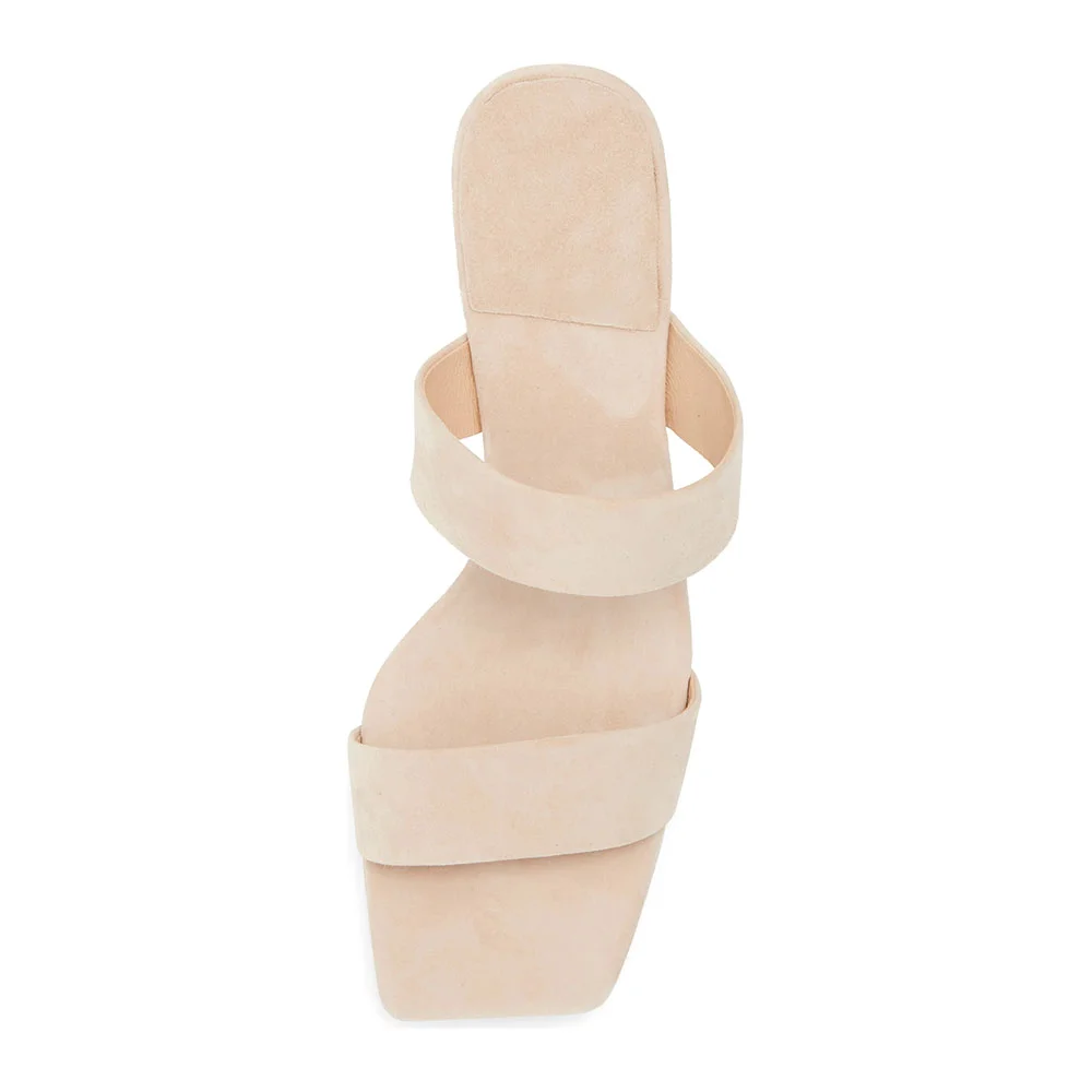 Vegan Suede Square Toe Platform Two Strap Mules Sandals in Beige