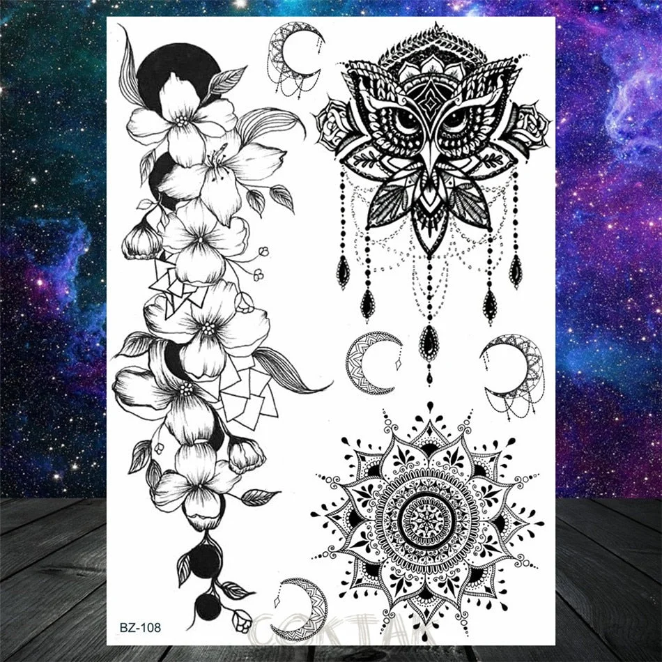 Black Dreamcatcher Temporary Tattoos Sticker For Women Fashion Body Art Back Tatoos Fake Jewelry Mandala Flower Tattoo For Party