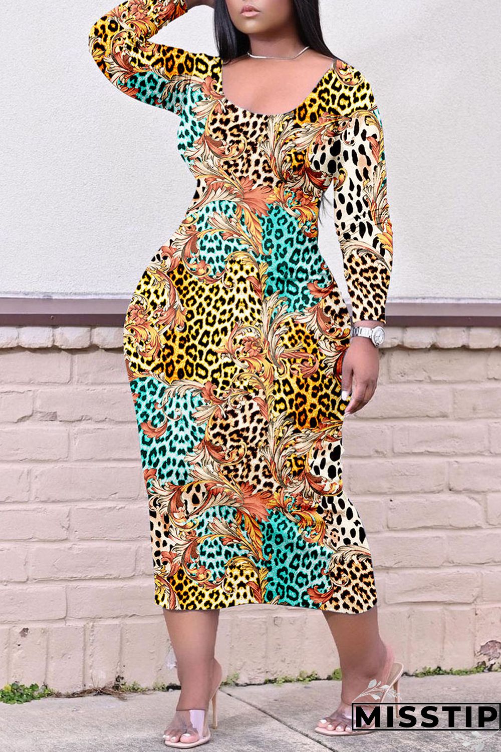 Colour Casual Print Patchwork O Neck Straight Plus Size Dresses