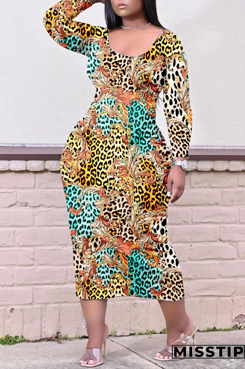 Colour Casual Print Patchwork O Neck Straight Plus Size Dresses