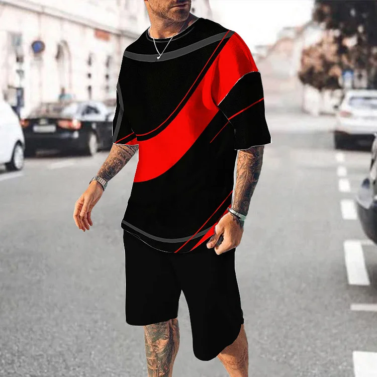 BrosWear Casual Color Contrast Line Print T-Shirt And Shorts Co-Ord