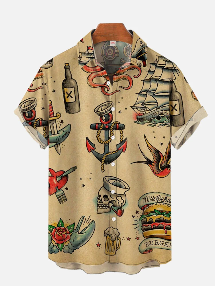 Vintage Nautical Map Sailboat And Sea Monster Printing Men's Short Sleeve Shirt