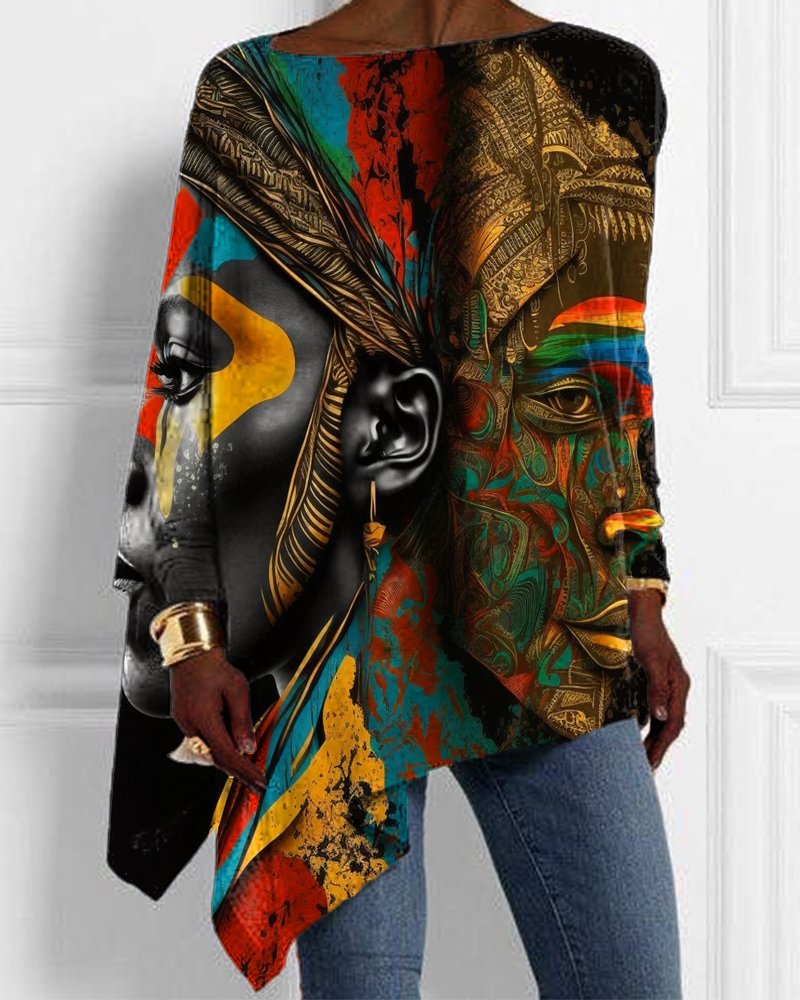 Ethnic Style Black Girl Simple Oil Painting Print Irregular Blouse