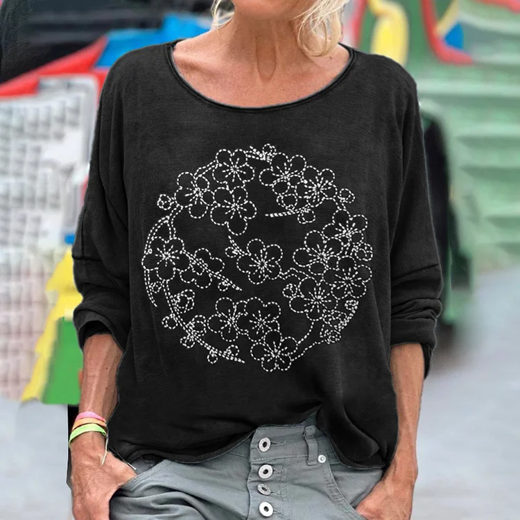 Cherry Blossom Japanese Embroidery Art Washed T Shirt