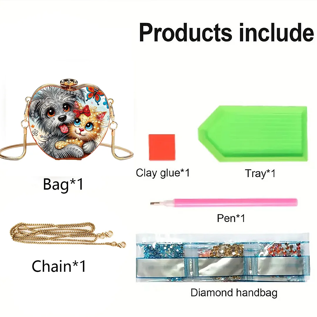 Cats and Dogs DIY Acrylic Love Diamond Art Painting Card Case Wallet with Chain Small Diamond Painting Crossbody Bag for Adults Women Girls Gift