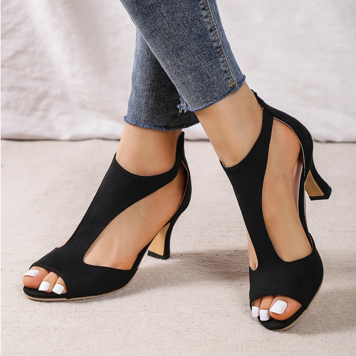 LANFUBEISI Sandals Woman Summer Round Toe Fish Toe Stiletto Sandals Social Shoes Medium Heel Roman High Heels Plus Size Party Elegant LANFUBEISI