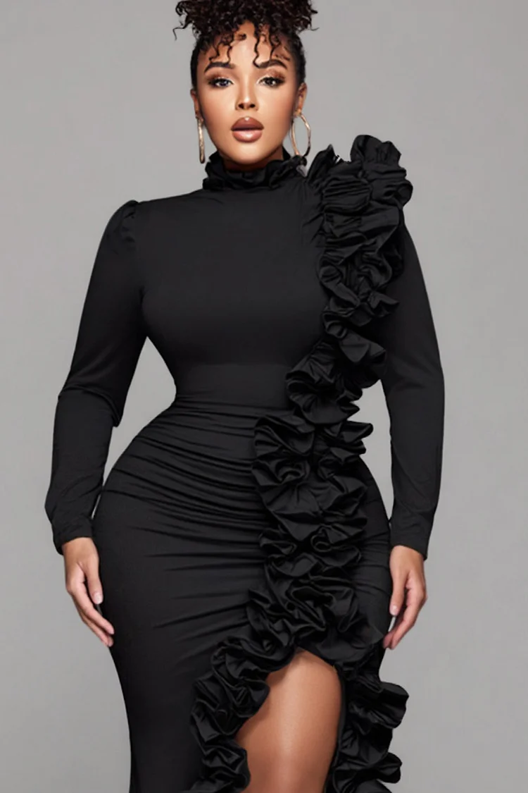 Xpluswear Design Plus Size Formal Black Round Neck Long Sleeve Split Elegant Ruffle 3D Satin Maxi Dresses [Pre-Order]