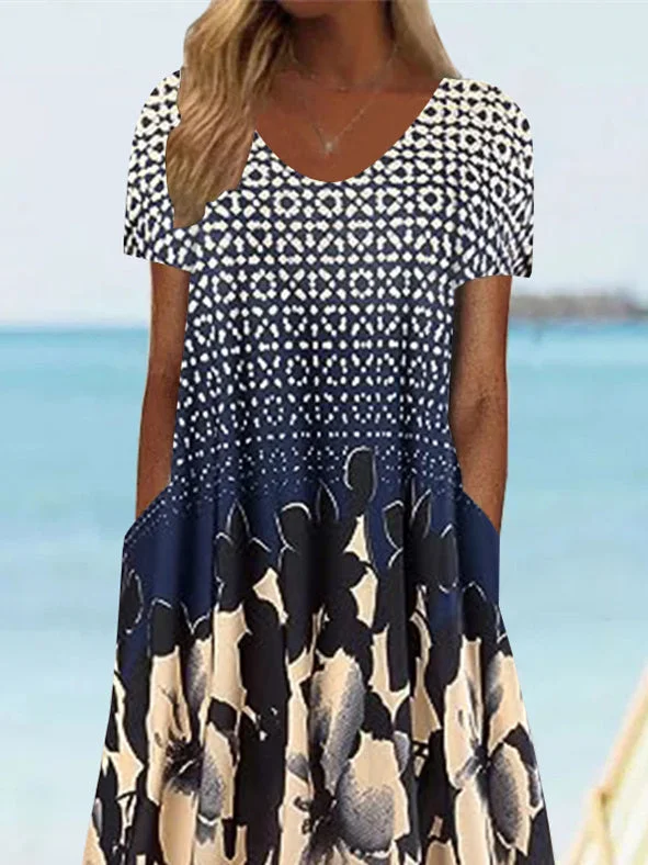 Women's Short Sleeve Scoop Neck Graphic Floral Printed Midi Dress