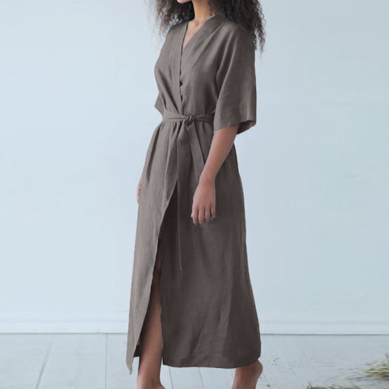 Women's Cotton Linen Solid Dress V-Neck Short Sleeve Sashes Bathrobe Style Lace Up Cardigan Long Dress Summer Loose Vestidos
