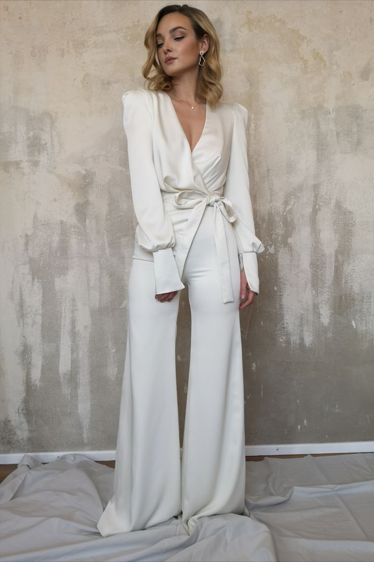 Miabel Charming Long Sleeves White V Neck Long Jump Suit With Belt