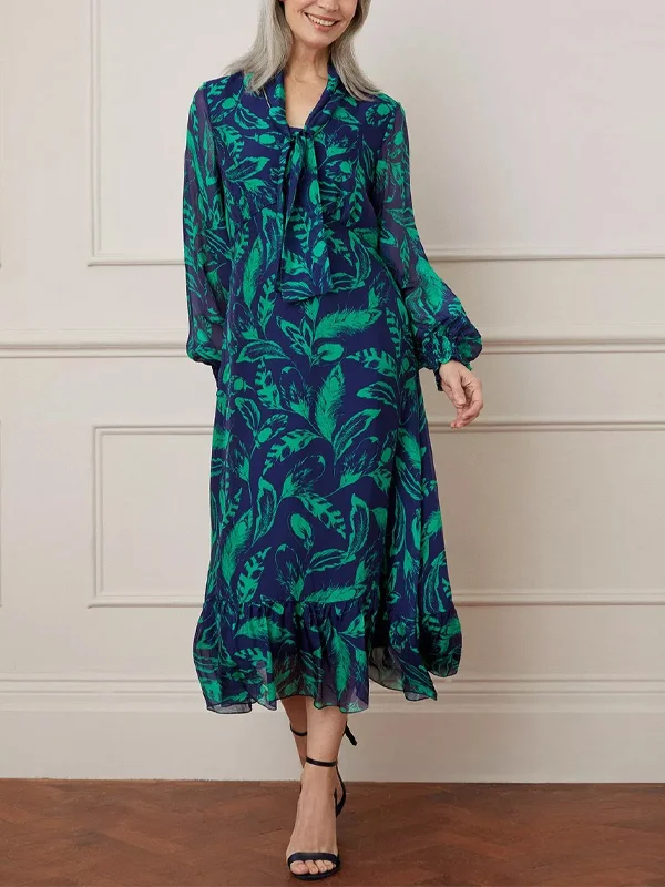 Silk Mix Feather Print Tie Neck Midi Dress