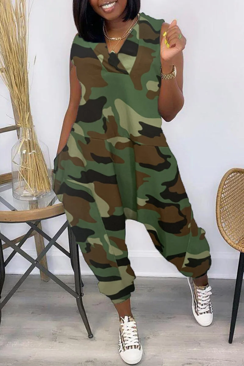 Fashion Casual Camouflage Print Basic V Neck Sleeveless Regular Jumpsuits