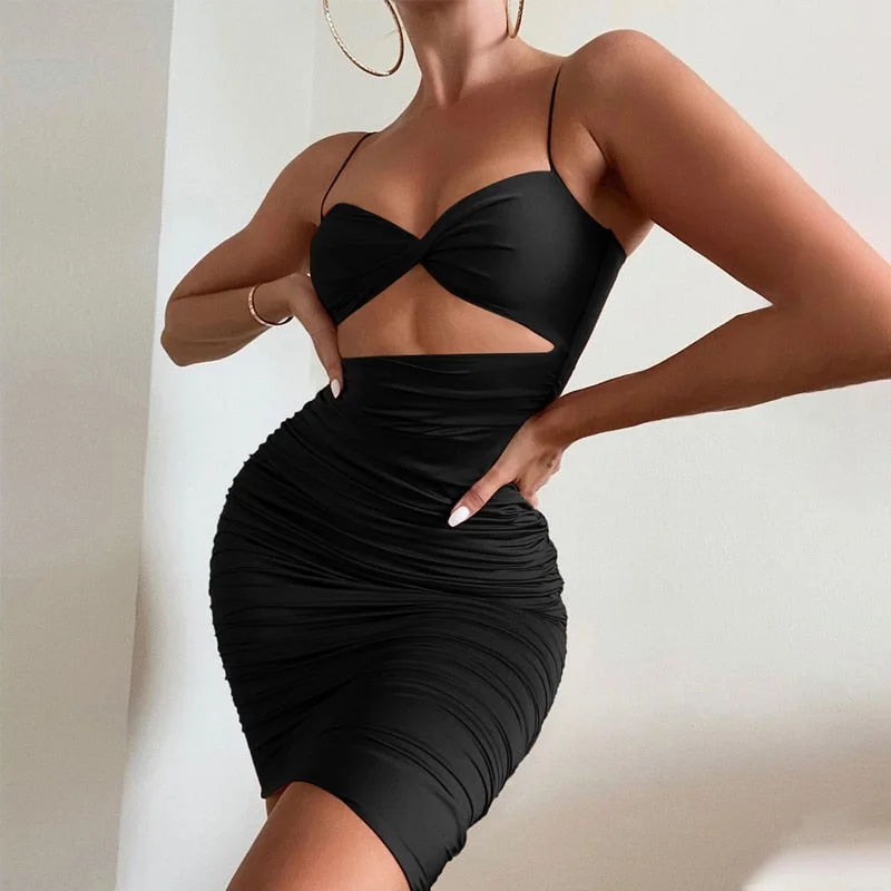 Hugcitar Pure Color Slip Sleeveless Hollow Out Pleated Mini Dress 2021 Summer Fall Bodycon Sexy Party Club Elegant Y2K