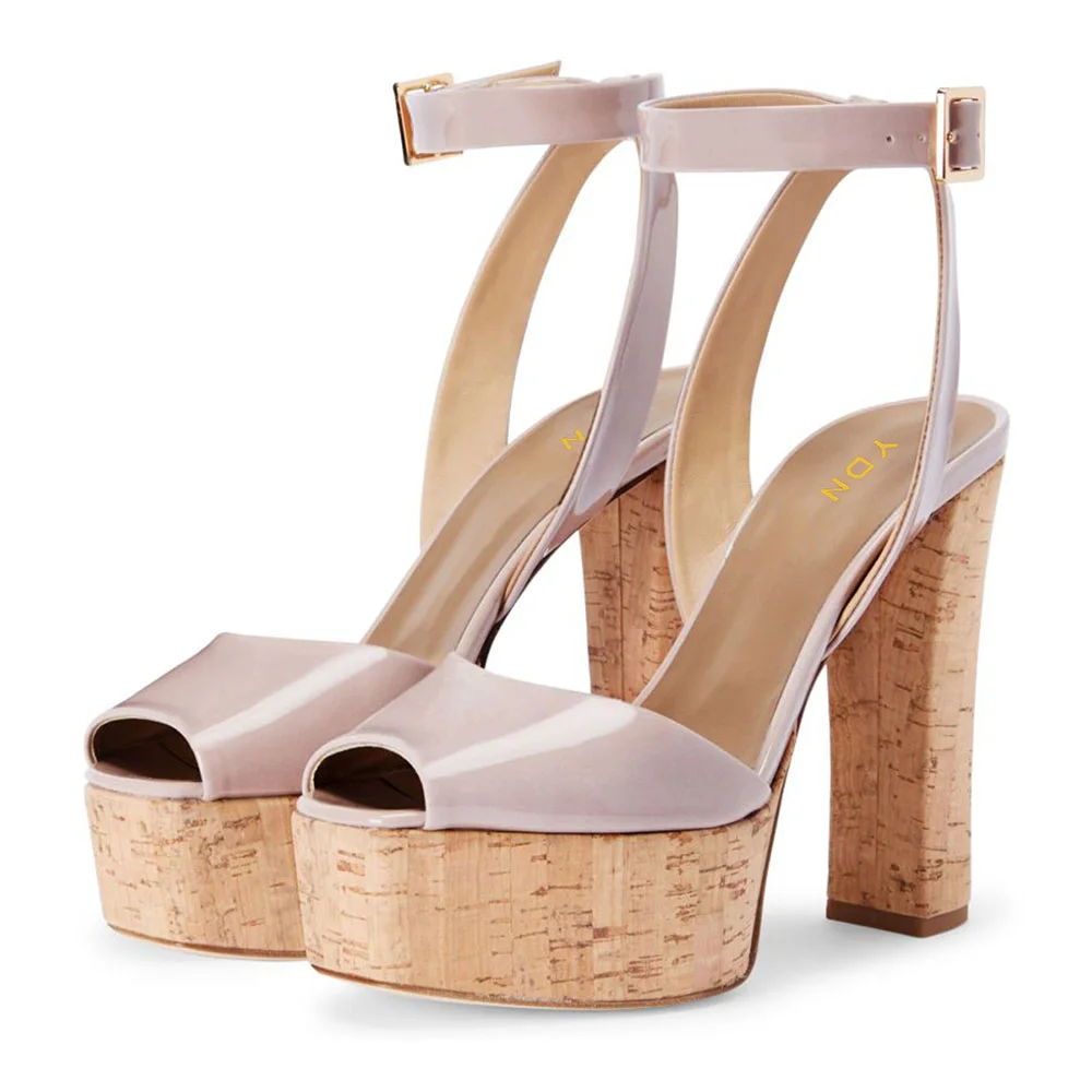 Pink Patent Buckle Ankle Strap Peep Toe Chunky Heel Platform Sandals