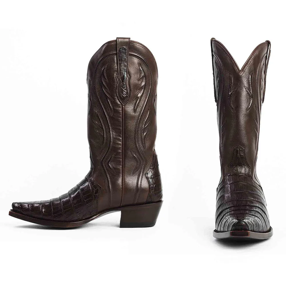 Chic Brown Snip Toe Chunky Heel Croc Embossed Western Boots for Women