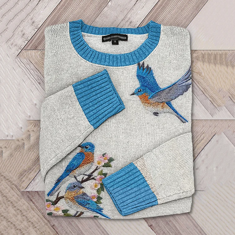Winter Bird On Floral Embroidered Cozy Sweater
